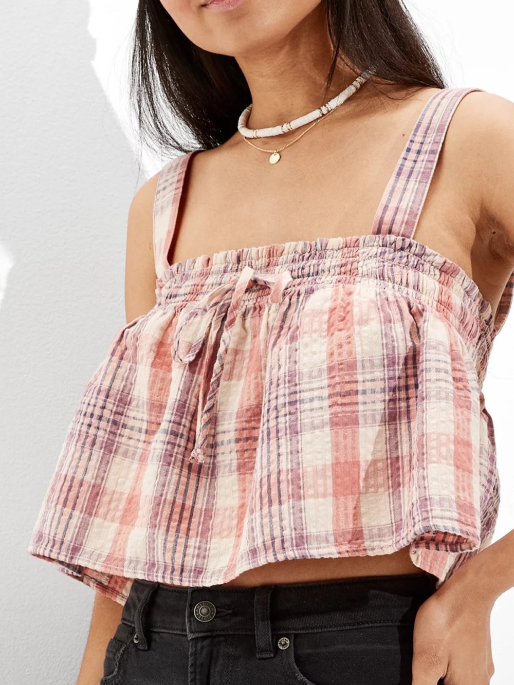American Eagle Peach Color Plaid Crop Swing Cami Top Size M
